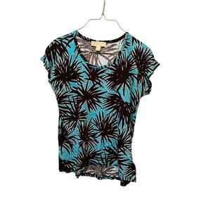 Michael Kors Top Women's Medium Blue Tropical Print Cotton Stretch Round Neck